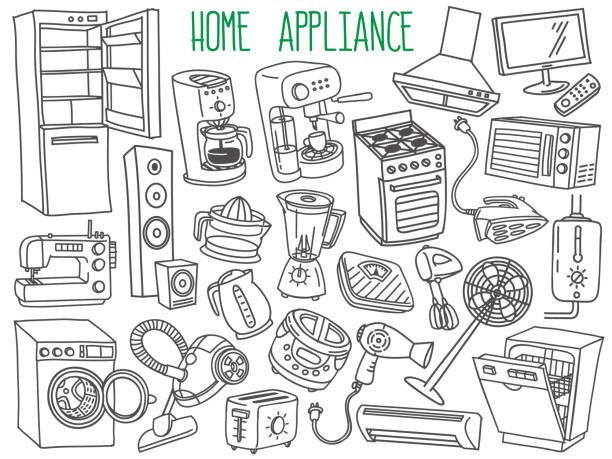 Home appliances doodles set. Household equipment and facilities - major and small appliances, consumer electronics, kitchenware. Hand drawn vector illustration isolated on white background mini fan stock illustrations
