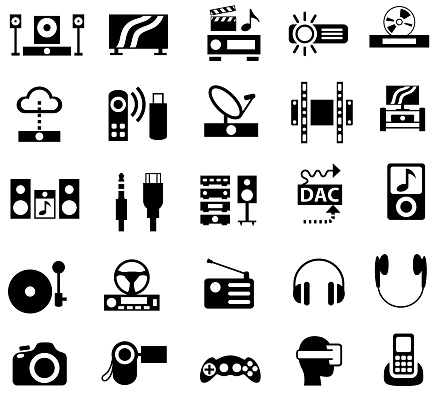Single colour black icons of household audio visual equipment. Isolated. vector