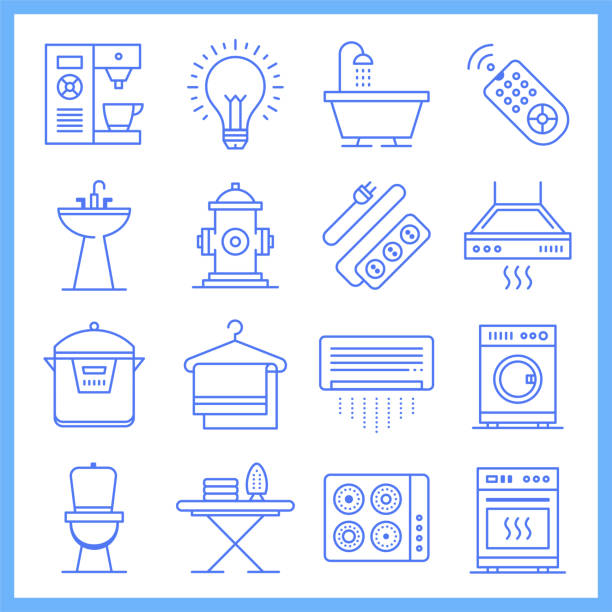 illustrations, cliparts, dessins animés et icônes de home appliances marché blueprint style vector icon set - programmer machine à laver