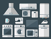 Home appliances vector domestic household equipment kitchen electrical domestic technology for homework tools illustration. Cleaning laundry home appliances household equipment.