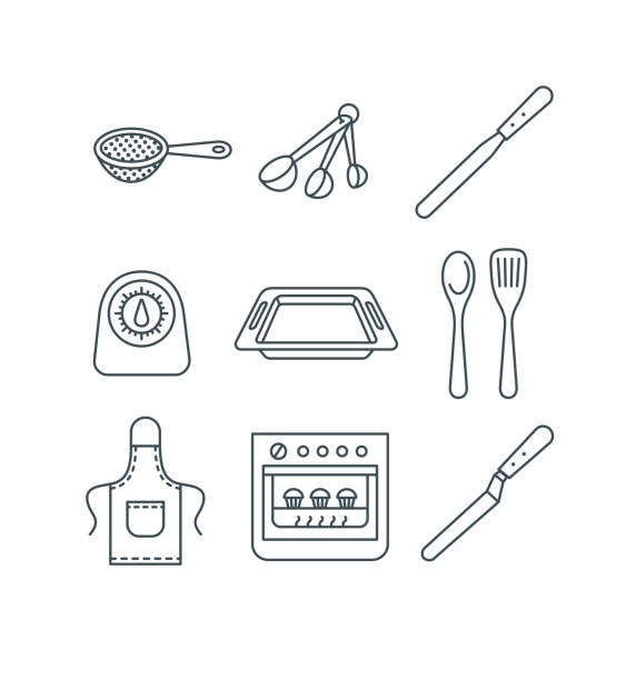 Home baking kitchen tools thin line vector icons vector art illustration