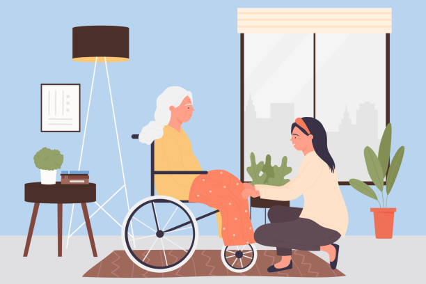 Home care services for elder people, help of young caregiver to old patient in wheelchair vector art illustration