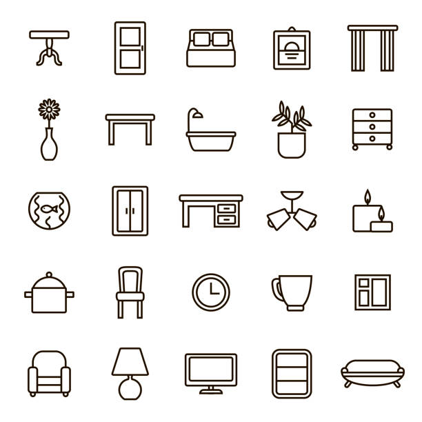 Home Decoration Signs Black Thin Line Icon Set. Vector Home Decoration Signs Black Thin Line Icon Set Include of Table, Chair and Bulb. Vector illustration of Elements Living Room bed furniture borders stock illustrations