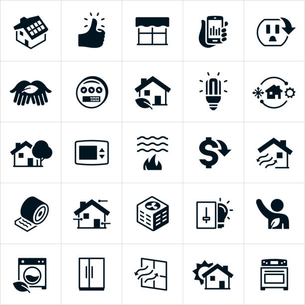 A set of home energy conservation icons. The icons include solar panels on a home, thumbs up, energy efficient windows, power meter, green home, CFL, heating and cooling, HVAC, shade tree, thermostat, water heating, cost savings, ventilation, insulation, air conditioner, light dimmer, energy efficient washing machine, refrigerator and stove to name just a few.