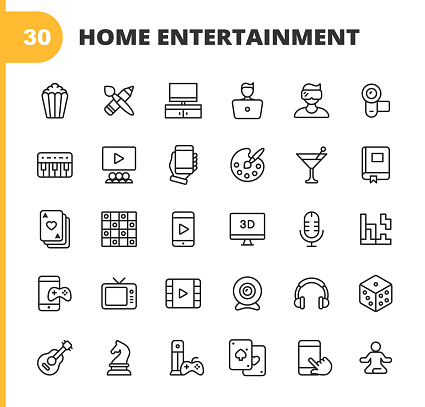 30 Home Entertainment Outline Icons. Popcorn, Watching Movies, Art Supplies, Painting, Drawing, Television Set, Home Video Camera, Keyboard, Playing Music, Online Video, Mobile Entertainment, Reading Books, Playing Cards, Poker, Checkers, Mobile Video, Video Games, Mobile Games, Dice.