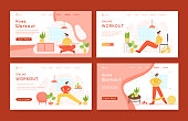 Landing page template set woman doing sport exercises and yoga at home. Indoor fitness workout concept. Home activity for people health and calm. Girl doing sport in living room - vector illustration