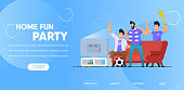 Home Fun Party Horizontal Banner, Friends Company Spending Time Together Watching Football on Tv. Men Sport Fans Weekend Leisure, Spare Time, Friendship Relations. Cartoon Flat Vector Illustration