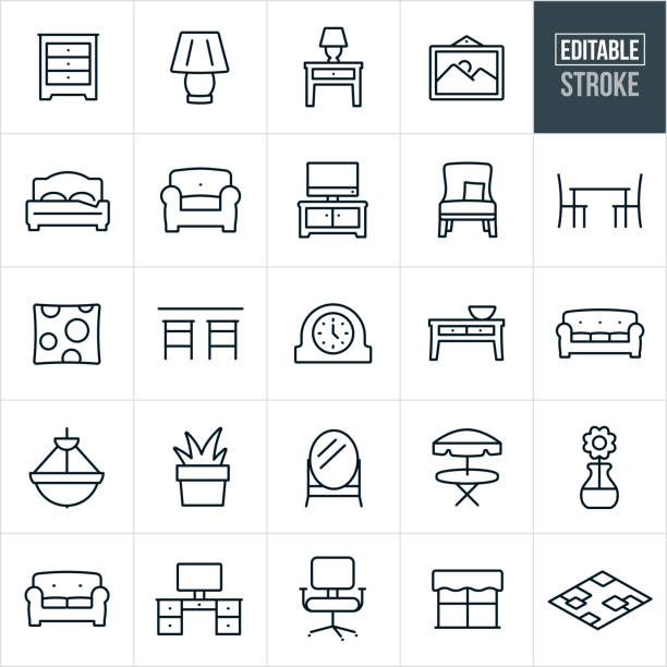 Home Furniture and Decor Thin Line Icons - Editable Stroke A set of home furniture and decor icons that include editable strokes or outlines using the EPS vector file. The icons include a dresser, lamp, end table with lamp, picture in picture frame, bed, love seat, couch, entertainment center with television, chair, dining table with chair, decorative pillow, bar stools at bar, clock, chandelier, plant in pot, mirror, patio table, flower in vase, computer desk with computer, office chair, window with window shade and an area rug. bed furniture symbols stock illustrations
