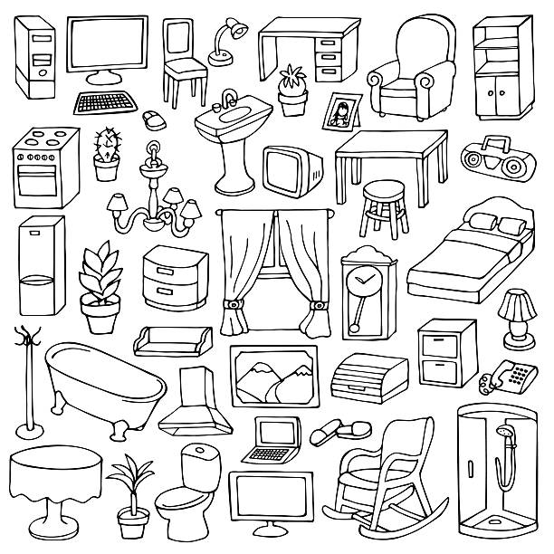Home Furniture Set Vector illustration of home interior elements and appliances bed furniture clipart stock illustrations