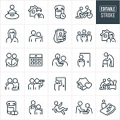 A set of home health icons that include editable strokes or outlines using the EPS vector file. The icons include home health professionals, doctors, nurses, assistants, disabled people, elderly, doctor at a house, medications, person in a wheel chair, nurse at a house, couple holding hands, calendar, doctor checking heartbeat of patient, elderly person with walker, rehabilitation, fall, a doctor taking blood pressure of patient, a patient in bed and other home health related icons.