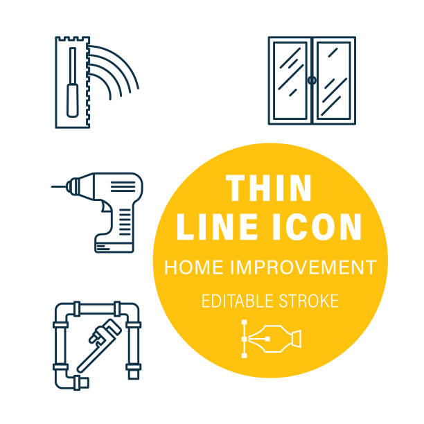 Home Improvement Thin Line Icon Set Home improvement thin line design icon. Lines are editable so you can change the weight. File is CMYK and it comes with a large high resolution jpeg. window symbols stock illustrations