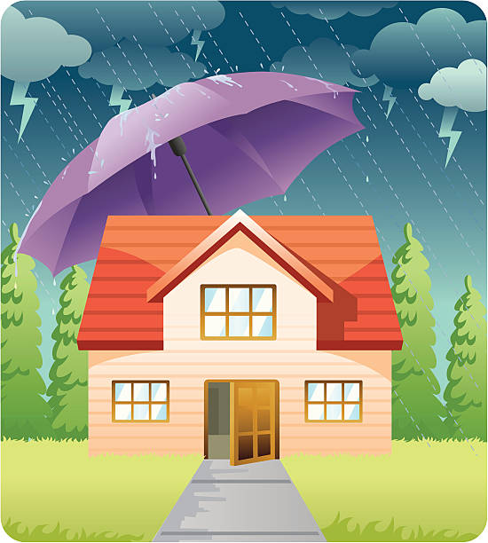 illustrations, cliparts, dessins animés et icônes de assurance maison, maison et parasol - pluie jardin
