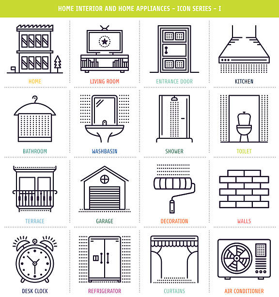 Home Interior and Appliances Home interior and appliances icons set. Line style vector illustrations with set of electronic home devices and home interior details. bathroom door signs drawing stock illustrations