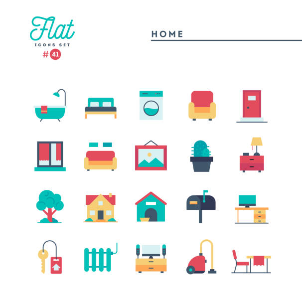 Home, interior, furniture and more, flat icons set Home, interior, furniture and more, flat icons set, vector illustration bed furniture symbols stock illustrations