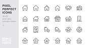Home line icons set. House, residential building, homepage, property mortgage minimal vector illustrations. Simple flat outline sign for web real estate app. 30x30 Pixel Perfect. Editable Strokes.