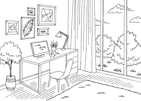 Home office graphic black white interior sketch illustration vector