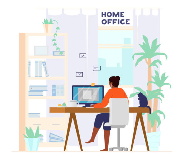 Home Office Interior. Freelancer At Work. Afro American Woman Working At Computer From Home Back View. Home Office Interior. Freelancer At Work. Flat Vector Illustration. woman on computer stock illustrations