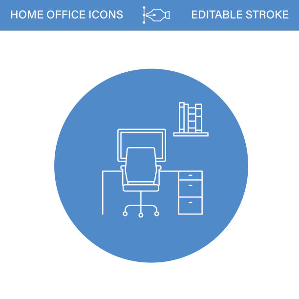 Home Office Line Icon On A Blue Circle With A Transparent Background vector art illustration