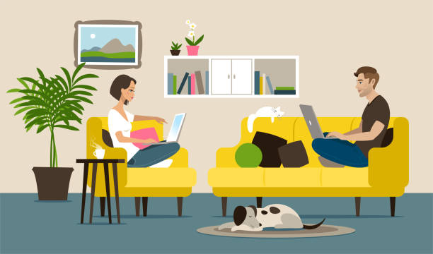 Home office Young couple working at home. sofa stock illustrations