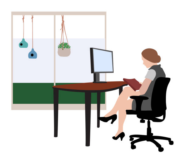 bildbanksillustrationer, clip art samt tecknat material och ikoner med home office woman sitting at computer - home office