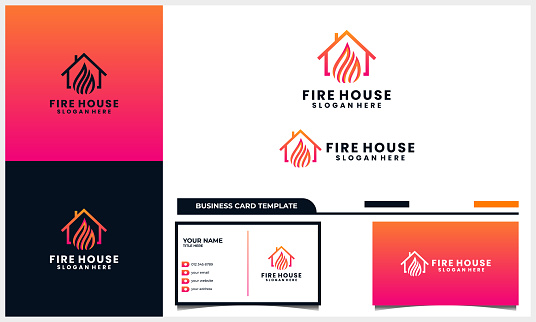 home or house with light fire icon design concept and business card template