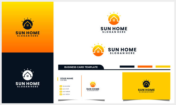 home or house with sun, sunrise, sunset design concept and business card template home or house with sun, sunrise, sunset design concept and business card template roofing business card stock illustrations