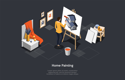 Home Painting Concept Vector Illustration On Dark Background With Text. Isometric Composition In Cartoon 3D Style. Process Of House Repairing, Color Picking. Designer Choosing Dye For New Building.