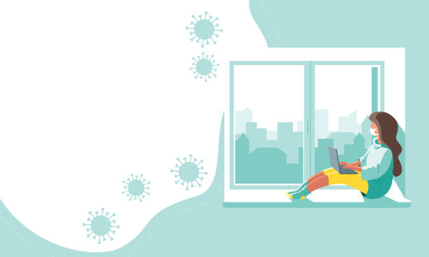 home quarantine Character of a girl in a protective medical mask with a computer at home quarantine. Isolation concept of a house during the coronavirus pandemic. Copy space banner design. Vector stock illustration. quarantine stock illustrations