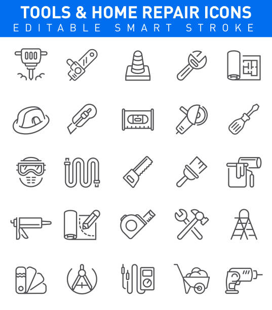 Home Repair Icons. Editable stroke Working tools and Home Repair icons with hammer, chainsaw, paintbrush symbols silicone stock illustrations