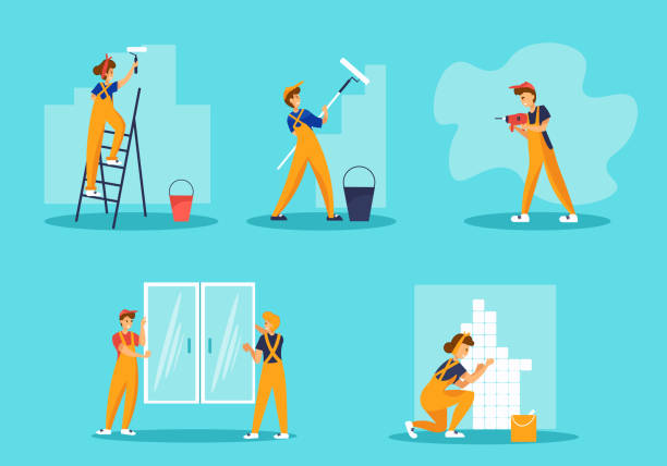 Home repair set with different workers in uniform with equipment. Painting wall, drilling, laying tiles, installing windows. Home repair set with different workers in uniform with equipment. Painting wall, drilling, laying tiles, installing windows. House renovation concept with male and female vector cartoon characters. repairing illustrations stock illustrations