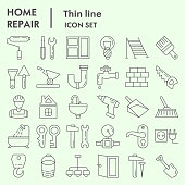 Home repair thin line icon set, renovation symbols set collection or vector sketches. Construction signs set for computer web, the linear pictogram style package isolated on white background, eps 10