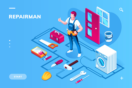 Home repairman and building maintenance instruments. Isometric worker in uniform for indoor house renovation and tool equipment. Screwdriver and pliers, toolbox and roller, saw and hammer. Repair