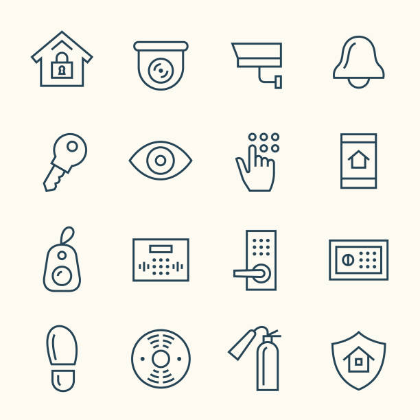 stockillustraties, clipart, cartoons en iconen met pictogrammen voor de beveiligingslijn van het huis - rookmelder