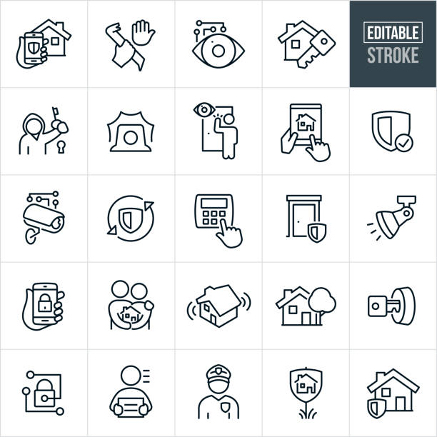 A set of home security icons that include editable strokes or outlines using the EPS vector file. The icons include home security, security alarm, security system, house, technology, automation, burglar, criminal, break-in, robbery, theft, surveillance, security camera, house key, locked, lock, police, policeman, monitoring, alarm, security shield, flood light, alarm system, secure door and other related conceptual icons.