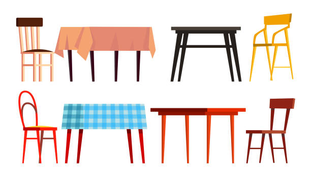 home table chair icon set vector. möbel für holzessen. isolierte flache kartoon-illustration - kitchen stock-grafiken, -clipart, -cartoons und -symbole