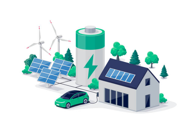 Home virtual battery energy storage with solar panels and electric car charging vector art illustration