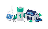 istock Home virtual battery energy storage with solar panels and electric car charging 1341414223
