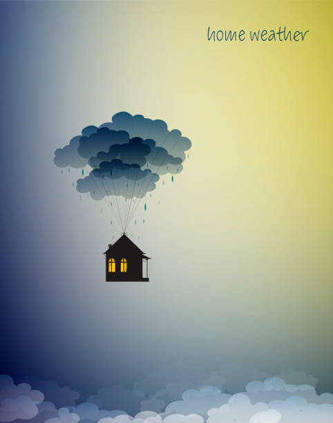 home weather concept,  house hanging on the clouds with rain in the sky, home isolation, vector home weather concept,  house hanging on the clouds with rain in the sky, home isolation, vector storm silhouettes stock illustrations