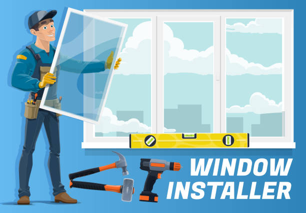 ilustrações de stock, clip art, desenhos animados e ícones de home window installation service, installer worker - plastic hammers