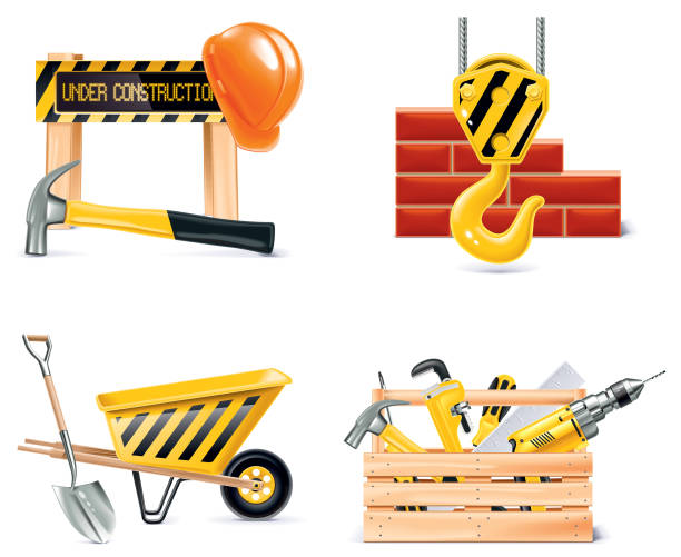 ilustrações de stock, clip art, desenhos animados e ícones de homebuilding & conjunto de ícone de revisão - plastic hammers