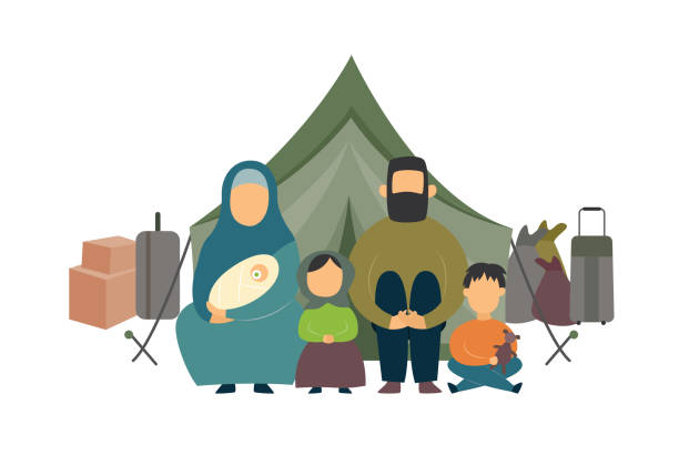 Homeless family of parents and kids sitting near luggage and tent in a refugee camp. Homeless family of parents and kids sitting near luggage and tent in a refugee camp. Refugee family sits by the tent, isolated flat vector illustration. pain borders stock illustrations