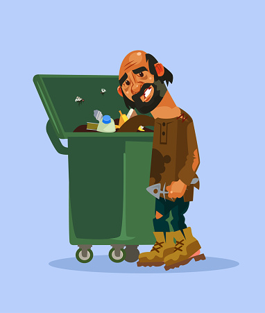 Homeless man character look for food in trash can