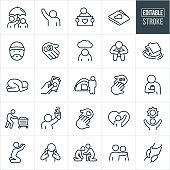 A set homeless icons that include editable strokes or outlines using the EPS vector file. The icons include homeless people in different situations. They include a person holding an umbrella over a homeless person, a homeless person reaching out for help, a homeless person holding a sign, a homeless man, hand with money, depressed homeless person, sinking house, desperate homeless person, giving cash, homeless person and a tent, hand taking pills, homeless person holding a can of alcohol, homeless person pushing belongings in a shopping cart, homeless person begging for money, home, clasped hands, good samaritan, helping hand, arm around shoulder and a homeless person praying to name a few.