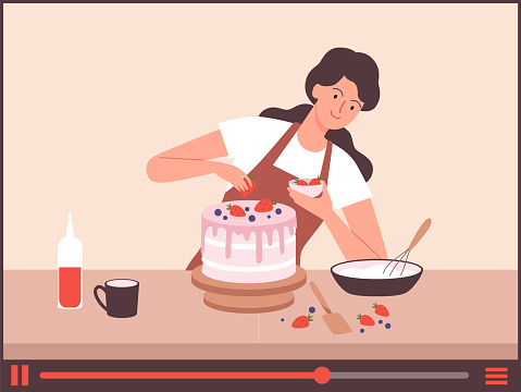 Homemade bakery. Food blogger, girl bake cake online. Culinary live stream, happy woman decoration dessert vector illustration