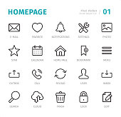 Homepage - 20 Outline Style - Single line icons with captions / Set #01
Designed in 48x48pх square, outline stroke 2px.

First row of outline icons contains:
E-Mail, Favorite, Notifications, Settings, Photo;

Second row contains:
Star, Calendar, Homepage, Bookmark, Menu;

Third row contains:
Outbox, Call, Reload, User, Inbox;

Fourth row contains:
Search, Cloud Computing, Trash, Lock, Edit.

Complete Signico collection - https://www.istockphoto.com/collaboration/boards/VT_7sDWo80OLh7foVxchBQ