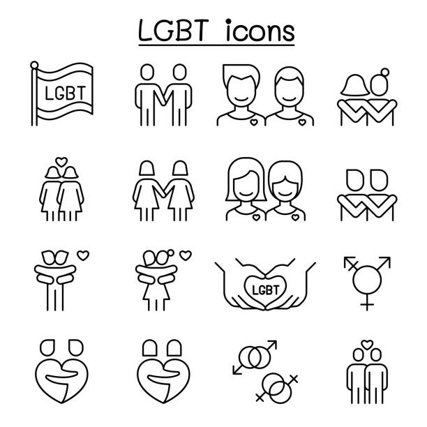 lgbt， 同性戀， 同性戀， 女同性戀圖示設置在細線風格 - 同性情侶 幅插畫檔、美工圖案、卡通及圖標