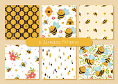 Honey Bee kids seamless patterns bundle, cute bumble bee digital paper, cartoon insects and summer flowers, nursery seamless background for baby textile, scrapbooking, wrapping paper, wallpaper