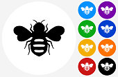 Honey Bees Icon on Flat Color Circle Buttons. This 100% royalty free vector illustration features the main icon pictured in black inside a white circle. The alternative color options in blue, green, yellow, red, purple, indigo, orange and black are on the right of the icon and are arranged in two vertical columns.