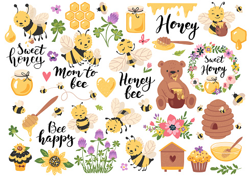 Honey, bees, quotes and other beekeeping hand drawn elements.