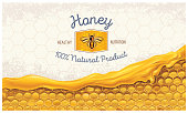 Honey combs with honey, and a symbolic simplified image of a bee as a design element on a textural background.